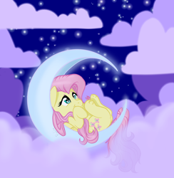 Size: 1760x1805 | Tagged: safe, artist:flutterbug18, fluttershy, pegasus, pony, g4, cloud, colored eyebrows, crescent moon, curled up, cute, female, folded wings, frog (hoof), full body, lying down, mare, moon, night, night sky, on back, shyabetes, sky, sleeping, sleeping on moon, smiling, solo, stars, tangible heavenly object, underhoof, wings