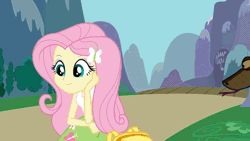 Size: 1920x1080 | Tagged: safe, artist:ocean lover, fluttershy, human, python, snake, equestria girls, g4, animated, backpack, blue eyes, butterfly hairpin, clothes, crossover, curious, day, disney, eyeshadow, forked tongue, frown, gif, grass, grass field, hairpin, hand on face, kaa, link in description, looking at each other, looking at someone, makeup, mountain, mountain range, outdoors, path, pretty, purple eyeshadow, road, sky, tank top, the jungle book, turning, video, youtube, youtube link, youtube video