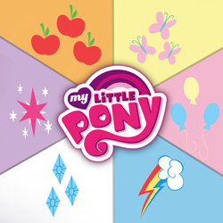 Size: 1024x1024 | Tagged: safe, egmont, applejack, fluttershy, pinkie pie, rainbow dash, rarity, twilight sparkle, g4, my little pony - cutie mark chronicles, app icon, applejack's cutie mark, cutie mark, fluttershy's cutie mark, mane six, mane six cutie marks, my little pony logo, pinkie pie's cutie mark, rainbow dash's cutie mark, rarity's cutie mark, twilight sparkle's cutie mark