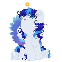 Size: 2500x2500 | Tagged: safe, alternate version, artist:medkit, oc, oc only, oc:snowflake flower, pegasus, pony, blue eyes, blue mane, blue tail, cel shading, chest fluff, chibi, colored ear fluff, colored eyebrows, colored eyelashes, colored hooves, colored lineart, colored pupils, colored wings, colored wingtips, curious, ear fluff, ears up, eye clipping through hair, eyebrows, eyebrows visible through hair, eyelashes, eyes open, feathered wings, female, folded wing, fringe, full body, gradient wings, head up, heart ears, heart shaped, high res, hoof heart, horseshoes, leg fluff, lightly watermarked, long mane, long tail, looking at something, looking up, mare, multicolored wings, open mouth, paint tool sai 2, pegasus oc, shading, shoulder fluff, signature, simple background, sitting, solo, sphere, spread wings, sternocleidomastoid, tail, three quarter view, two toned mane, two toned tail, underhoof, wall of tags, watermark, white background, wings