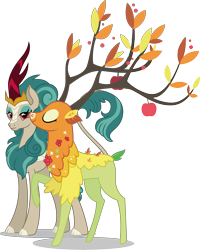 Size: 4531x5662 | Tagged: safe, artist:dragonchaser123, edit, vector edit, rain shine, the great seedling, dryad, elk, kirin, g4, going to seed, sounds of silence, absurd resolution, branches for antlers, cloven hooves, crack shipping, creature, eyes closed, female, interspecies, leonine tail, male, raised hoof, ship:shinling, shipping, simple background, smiling, straight, tail, transparent background, vector