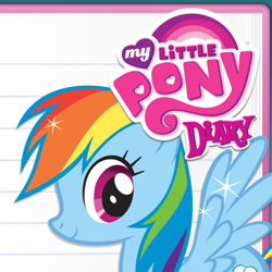 Size: 1024x1024 | Tagged: safe, rainbow dash, pegasus, pony, g4, my little pony diary, official, app icon, diary, ekids, female, kiddesigns, mare, my little pony logo, smiling, solo, sparkles, spread wings, wings