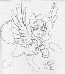 Size: 2069x2350 | Tagged: safe, artist:twisted-sketch, oc, oc only, oc:snow kicker, pegasus, amputee, female, mare, prosthetic leg, prosthetic limb, prosthetics, solo, spread wings, traditional art, wings