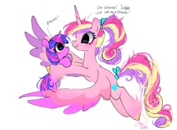 Size: 1024x752 | Tagged: safe, artist:petaltwinkle, princess cadance, twilight sparkle, alicorn, pony, unicorn, g4, big eyes, blushing, bow, carrying, colored eartips, colored hooves, colored wings, colored wingtips, cute, cutedance, daaaaaaaaaaaw, dialogue, duo, duo female, eye clipping through hair, eyelashes, female, fetlock tuft, filly, filly twilight sparkle, flying, hair bow, holding a pony, horn, looking at each other, looking at someone, messy mane, messy tail, multicolored mane, multicolored tail, multicolored wings, open mouth, pink coat, profile, purple coat, shiny hooves, signature, simple background, smiling, spread wings, straight mane, straight tail, sweat, sweatdrop, tail, tail bow, teen princess cadance, text, tied mane, tied tail, twiabetes, unicorn horn, unicorn twilight, white background, wingding eyes, wings, young cadance, younger