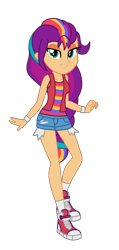 Size: 708x1484 | Tagged: safe, artist:robertsonskywa1, sunny starscout, equestria girls, g4, g5, bracelet, clothes, equestria girls-ified, female, g5 to equestria girls, g5 to g4, generation leap, jewelry, new outfit, photo, shirt, shorts, simple background, sleeveless, solo, transparent background, undershirt