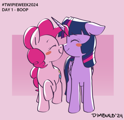 Size: 1482x1437 | Tagged: safe, artist:dimbulb, pinkie pie, twilight sparkle, alicorn, earth pony, pony, g4, blushing, boop, duo, duo female, female, height difference, lesbian, mare, noseboop, passepartout, ship:twinkie, shipping, smiling, twilight sparkle (alicorn)