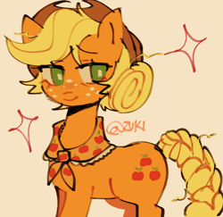 Size: 2048x1990 | Tagged: safe, artist:zuki, part of a set, applejack, earth pony, pony, g4, alternate hairstyle, applejack's hat, bandana, blonde mane, blonde tail, braid, braided tail, cowboy hat, cute, eyebrows, eyebrows visible through hair, female, freckles, green eyes, hair bun, hat, jackabetes, looking away, looking to the right, mare, neckerchief, older, older applejack, orange background, orange coat, signature, simple background, smiling, solo, sparkles, standing, tail, tied mane, tied tail, wingding eyes, yellow mane, yellow tail