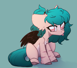 Size: 2412x2136 | Tagged: safe, artist:viryav, oc, oc only, pegasus, pony, chibi, female, frown, green background, simple background, sitting, solo, tongue out