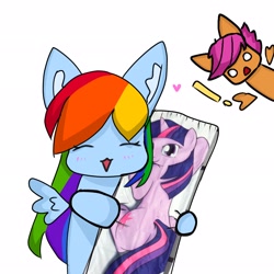 Size: 2048x2048 | Tagged: safe, artist:milochanz!, derpibooru exclusive, rainbow dash, scootaloo, twilight sparkle, unicorn, g4, body pillow, implied lesbian, implied shipping, implied twidash, simple background, unicorn twilight, white background