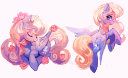 Size: 1800x1100 | Tagged: safe, artist:saresyrose3113, oc, oc only, oc:primrose, pegasus, pony, bow, butt, eyes closed, eyeshadow, female, flower, flower in hair, looking back, makeup, mare, mole, plot, ponysona, ribbon, rose, simple background, smiling, solo, white background