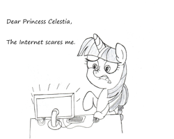 Size: 2477x1992 | Tagged: safe, artist:fleximusprime, twilight sparkle, pony, unicorn, g4, chair, computer, dear princess celestia, grayscale, horn, monochrome, simple background, tara strong, unicorn twilight, white background