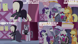 Size: 2000x1125 | Tagged: safe, edit, edited screencap, editor:quoterific, screencap, applejack, hoity toity, inky rose, photo finish, rarity, g4, honest apple, carousel boutique, mannequin