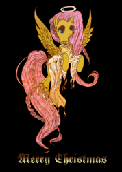 Size: 1696x2383 | Tagged: safe, artist:imsolittle, fluttershy, angel, pegasus, g4, black background, christmas, halo, holiday, merry christmas, simple background