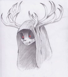 Size: 1654x1891 | Tagged: safe, artist:foxtrot3, oc, oc:new page, undead, antlers, bone, hood, ijiraq, red eyes, skeleton