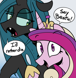 Size: 1286x1316 | Tagged: safe, artist:icey, princess cadance, queen chrysalis, alicorn, changeling, changeling queen, pony, g4, duo, duo female, female, horn, looking at camera, looking at someone, looking at you, mare, queen chrysalis is not amused, selfie, speech bubble, unamused