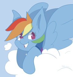 Size: 3684x3868 | Tagged: safe, artist:tkshoelace, rainbow dash, pegasus, pony, g4, blue background, cloud, ears up, no pupils, on a cloud, simple background, smiling, solo, spread wings, wings