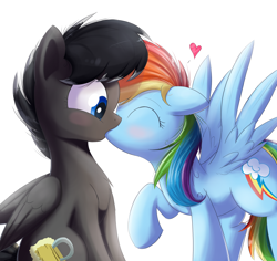 Size: 2650x2500 | Tagged: safe, artist:bugplayer, rainbow dash, oc, oc:brew tap, pegasus, pony, g4, blushing, brewdash, canon x oc, duo, duo male and female, eyes closed, female, floppy ears, folded wings, heart, high res, kiss on the lips, kissing, male, mare, pegasus oc, raised hoof, shipping, simple background, sitting, spread wings, stallion, straight, white background, wings