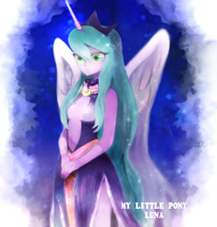 Size: 958x1004 | Tagged: safe, artist:lapatte00, princess luna, human, g4, alicorn humanization, crown, green eyes, horned humanization, humanized, jewelry, necklace, regalia, sparkles, winged humanization