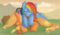 Size: 1854x1090 | Tagged: safe, artist:kaphrin, applejack, rainbow dash, earth pony, pegasus, pony, g4, applejack's hat, cowboy hat, cute, duo, duo female, eyes closed, female, grass, hat, lying down, mare, mountain, outdoors, sleeping, wings