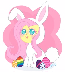 Size: 1871x2048 | Tagged: safe, artist:yumikivt, fluttershy, pegasus, pony, rabbit, g4, animal, animal costume, bunny costume, clothes, cosplay, costume, easter, easter egg, egg, female, heart, heart eyes, mare, open mouth, open smile, sitting, smiling, solo, wingding eyes