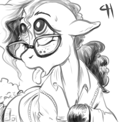 Size: 2808x2856 | Tagged: safe, artist:capt_hairball, frazzle rock, earth pony, pony, g4, black and white, chest fluff, clothes, curly mane, ears back, freckles, glasses, grayscale, hoof hold, hypno eyes, hypnosis, looking up, monochrome, solo, sweat, sweatdrop, tongue out, undressing