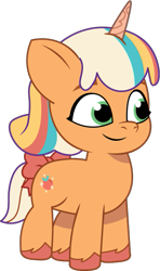 Size: 433x730 | Tagged: safe, artist:prixy05, peach fizz, pony, unicorn, g5, my little pony: tell your tale, bow, female, filly, foal, horn, mare, pippsqueaks, simple background, solo, tail, tail bow, transparent background, vector