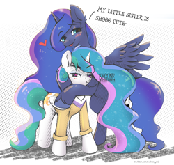 Size: 2400x2279 | Tagged: safe, artist:mdwines, princess celestia, princess luna, alicorn, pony, g4, age swap, angry, blush lines, blushing, celestia is not amused, clothes, commission, cute, duo, duo female, equestria girls outfit, female, floating heart, funny, heart, high res, hug, madorable, mare, open mouth, open smile, role reversal, shirt, siblings, sisters, sketch, smallestia, smiling, speech bubble, text, unamused