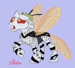 Size: 3100x2800 | Tagged: safe, artist:malice-may, oc, oc only, oc:tarsus, butterfly, changeling, insect, moth, g4, alchemist, alchemy, antagonist, butterfly wings, changeling oc, concave belly, fangs, lanky, male, nervous, oc villain, purple background, scared, shapeshifter, simple background, skinny, solo, tall, teeth, thin, wings