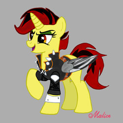 Size: 2381x2381 | Tagged: safe, artist:malice-may, oc, oc only, oc:miseria glum, unicorn, g4, antagonist, artificial wings, augmented, bracelet, clothes, evil, evil grin, female, female oc, grin, horn, jacket, jewelry, leather, leather jacket, mare, oc villain, punk, smiling, solo, unicorn oc, villainess, weapon, wings