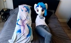 Size: 1726x1057 | Tagged: safe, artist:atalonthedeer, artist:wub_pon3, dj pon-3, vinyl scratch, g4, bed, body pillow, clothes, fursuit, indoors, irl, lying down, on back, photo, ponysuit, self paradox, self ponidox