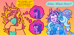 Size: 640x301 | Tagged: safe, artist:dapperlilarts, sci-twi, starlight glimmer, sunset shimmer, trixie, twilight sparkle, alicorn, unicorn, g4, cape, clothes, colored hooves, dialogue, female, hat, heart, horn, kissing, lesbian, polyamory, self paradox, self ponidox, ship:sci-twishimmer, ship:startrix, ship:sunset twiangle, ship:sunsetsparkle, shipping, speech bubble, thought bubble, trixie's cape, trixie's hat, twolight