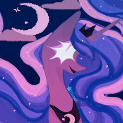 Size: 1200x1200 | Tagged: safe, artist:rinkitodo, princess luna, alicorn, pony, g4, bust, cloud, colored eyelashes, colored pinnae, colored pupils, crescent moon, crown, ethereal mane, female, horn, jewelry, limited palette, lineless, long horn, long neck, looking up, mare, moon, multicolored mane, night, open mouth, open smile, peytral, profile, purple coat, regalia, signature, slit pupils, smiling, solo, starry mane, stars, thin, tiara, wavy mane