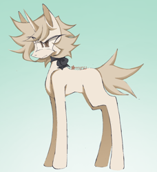 Size: 1012x1109 | Tagged: safe, artist:rinkitodo, oc, oc only, oc:latte, pony, unicorn, beige coat, blonde mane, blonde tail, brown eyes, colored pinnae, countershading, eye clipping through hair, female, frown, gradient background, horn, long legs, mare, messy mane, messy tail, narrowed eyes, neck ribbon, ribbon, short mane, short tail, signature, solo, tail, thin legs, unicorn oc, watermark, wingding eyes