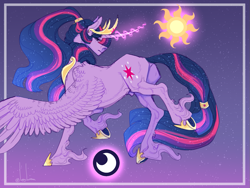 Size: 1333x1000 | Tagged: safe, artist:snowberry, twilight sparkle, alicorn, pony, g4, abstract background, alternate design, butt, colored sketch, crown, curved horn, dock, dusk shine, ethereal mane, frog (hoof), gold, hair tie, hairstyle, horn, jewelry, long hair, long hair male, magic, male, moon, muscles, nudity, pose, prince dusk, realistic anatomy, realistic horse legs, rear view, regalia, rule 63, sheath, signature, sketch, solo, sparkles, spread wings, stallion, sun, tail, telekinesis, trotting, twilight sparkle (alicorn), underhoof, unshorn fetlocks, wings