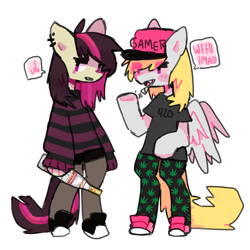 Size: 1280x1280 | Tagged: safe, artist:pxunii, derpy hooves, oc, earth pony, pegasus, pony, semi-anthro, alcohol, bipedal, blunt, cap, clothes, drink, drugs, duo, ear piercing, earring, fangs, hat, holding, jewelry, leggings, marijuana, open mouth, open smile, piercing, shirt, shoes, simple background, smiling, sneakers, speech bubble, standing, striped sweater, sweater, t-shirt, weed lmao, white background