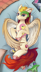 Size: 2787x4954 | Tagged: oc name needed, safe, artist:arisu-kun, derpy hooves, fluttershy, gummy, rarity, oc, pegasus, pony, unicorn, g4, bed, colored wings, comic book, concave belly, digital art, eyes open, female, flattershy, hooves, horn, lidded eyes, male, mare, multicolored hair, partially open wings, slender, solo, thin, two toned wings, white sclera, wings