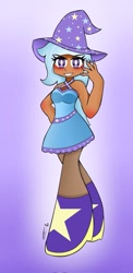 Size: 584x1200 | Tagged: safe, artist:ru, trixie, human, g4, boots, clothes, dress, female, hand on hip, hat, humanized, looking at you, moderate dark skin, shoes, signature, solo, trixie's hat