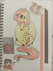 Size: 1622x2160 | Tagged: safe, artist:jjsh, fluttershy, pegasus, pony, g4, countershading, cute, cute face, female, mare, pink hair, pink mane, sitting, solo, sticker, tail, traditional art, turned away, turned head, wings