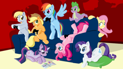 Size: 1920x1080 | Tagged: safe, artist:alberioorion, applejack, derpy hooves, fluttershy, pinkie pie, rainbow dash, rarity, spike, twilight sparkle, earth pony, pegasus, unicorn, g4, applejack's hat, controller, couch, cowboy hat, hat, horn, lying down, mane six, pillow, standing on two hooves, unicorn twilight, upside down, video game