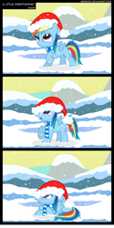Size: 1350x2700 | Tagged: safe, artist:veggie55, rainbow dash, pegasus, pony, g4, christmas, clothes, female, filly, filly rainbow dash, foal, hat, holiday, santa hat, scarf, snow, snowfall, solo, striped scarf, winter, younger