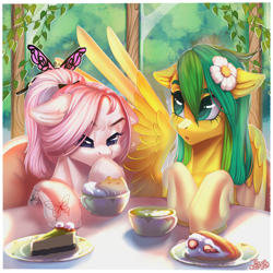 Size: 2000x2000 | Tagged: oc name needed, safe, artist:ariamidnighters, oc, oc only, oc:ромашка, butterfly, pegasus, pony, :o, cake, cake slice, clothes, coat markings, colored wings, cup, duo, duo female, ear fluff, ears back, emanata, facial markings, female, flower, flower in hair, food, furrowed brow, hair bun, ivy (plant), matcha, multicolored wings, open mouth, pegasus oc, question mark, socks, spread wings, stripe (coat marking), table, tea party, teacup, teal eyes, wings