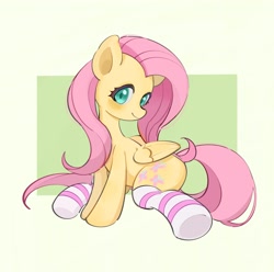 Size: 2048x2034 | Tagged: safe, artist:chonpsk, fluttershy, pegasus, pony, g4, clothes, cute, female, folded wings, high res, looking at you, mare, shyabetes, smiling, smiling at you, socks, solo, striped socks, tail, wings