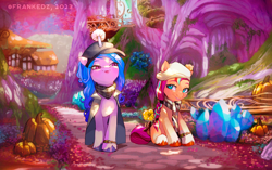 Size: 1754x1100 | Tagged: safe, artist:frank3dz, izzy moonbow, sunny starscout, earth pony, pony, unicorn, g5, beautiful, bridlewood, clothes, colored eyebrows, cute, duo, duo female, eyebrows, female, gem, hat, horn, horn impalement, looking at someone, mane stripe sunny, mare, open mouth, outdoors, pumpkin, scarf, scenery, scenery porn, sitting, smiling, unshorn fetlocks