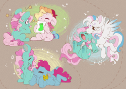 Size: 5613x3969 | Tagged: safe, artist:cutepencilcase, minty, star catcher, thistle whistle, toola-roola, earth pony, pegasus, pony, g3, absurd resolution, carrying, chest fluff, drawing, elbow fluff, eyes closed, female, flying, heart, lying down, mare, music notes, open mouth, prone, scared, simple background, sitting, sock, sparkles, starry eyes, stars, tan background, whistling, wingding eyes