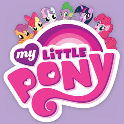 Size: 1024x1024 | Tagged: safe, ruckus media group, apple bloom, pinkie pie, scootaloo, spike, sweetie belle, twilight sparkle, dragon, earth pony, pegasus, pony, unicorn, g4, my little pony ebooks + comics, official, app icon, apple bloom's bow, bow, cutie mark crusaders, female, filly, foal, hair bow, horn, looking at you, male, mare, my little pony logo, open mouth, open smile, purple background, simple background, smiling, spread wings, tail, unicorn twilight, wings