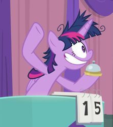 Size: 961x1080 | Tagged: safe, screencap, twilight sparkle, alicorn, pony, a trivial pursuit, g4, season 9, bell, cropped, curtains, faic, female, mare, messy mane, score, shrunken pupils, smiling, solo, table, twilight snapple, twilight sparkle (alicorn), twilight sparkle is best facemaker, twilighting, twilynanas
