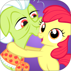 Size: 1024x1024 | Tagged: safe, ruckus media group, apple bloom, granny smith, earth pony, pony, g4, my little pony: apple family, official, app icon, bipedal, clothes, duo, duo female, female, filly, foal, grandmother and grandchild, grandmother and granddaughter, granny smith's shawl, hug, lidded eyes, mare, open mouth, open smile, scarf, smiling