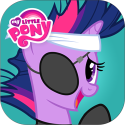 Size: 1024x1024 | Tagged: safe, ruckus media group, twilight sparkle, pony, unicorn, g4, my little pony: ts in time, official, app icon, catsuit, eyepatch, female, future twilight, horn, mare, messy mane, my little pony logo, open mouth, open smile, smiling, sneaking suit, solo, unicorn twilight