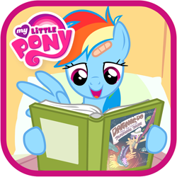 Size: 1024x1024 | Tagged: safe, ruckus media group, daring do, rainbow dash, pegasus, pony, g4, my little pony: read it & weep, official, read it and weep, app icon, bandaid, bed, book, daring do and the quest for the sapphire stone, female, in bed, mare, my little pony logo, one wing out, open mouth, open smile, pillow, reading, smiling, solo, wings