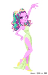 Size: 800x1232 | Tagged: safe, artist:binco_293, aria blaze, equestria girls, g4, bare arms, bare legs, bare shoulders, clothes, disney, greek chorus, greek clothes, greek mythology, hercules, muse, pose, raised hand, simple background, sleeveless, solo, sparkling hair, sparkly hair, toga, wayback machine source, white background